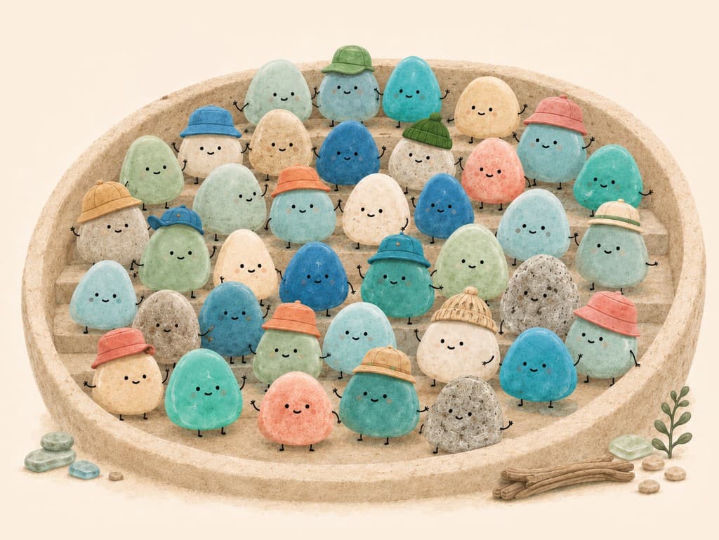 A cozy crowd of colorful pebble chums gathered in a stone bowl