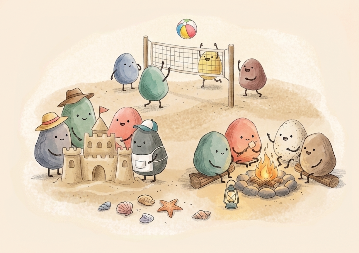 Chummy friends playing volleyball, building a sandcastle, and gathering around a campfire